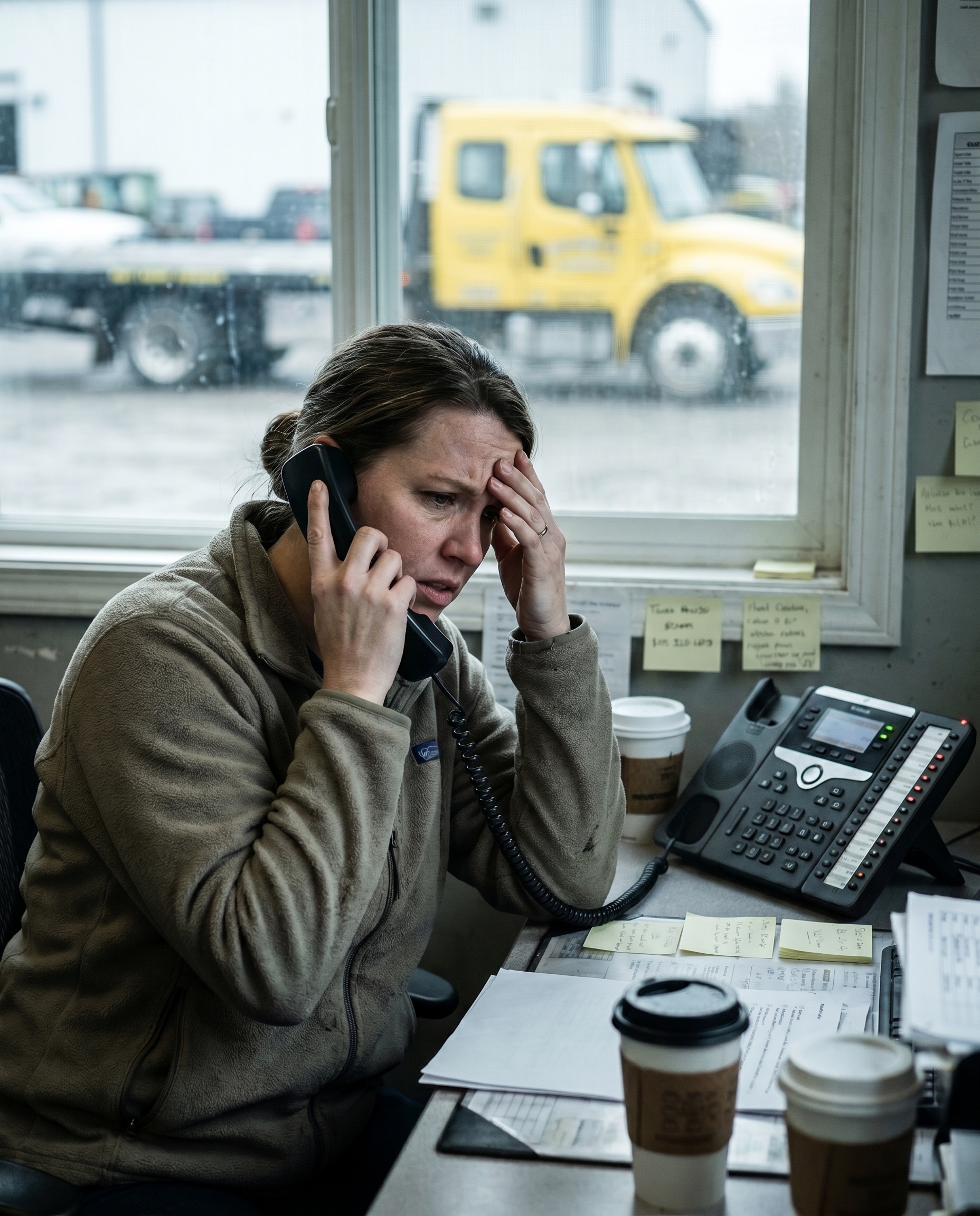 Gestresste Disponentin am Telefon, Zettelchaos auf dem Schreibtisch